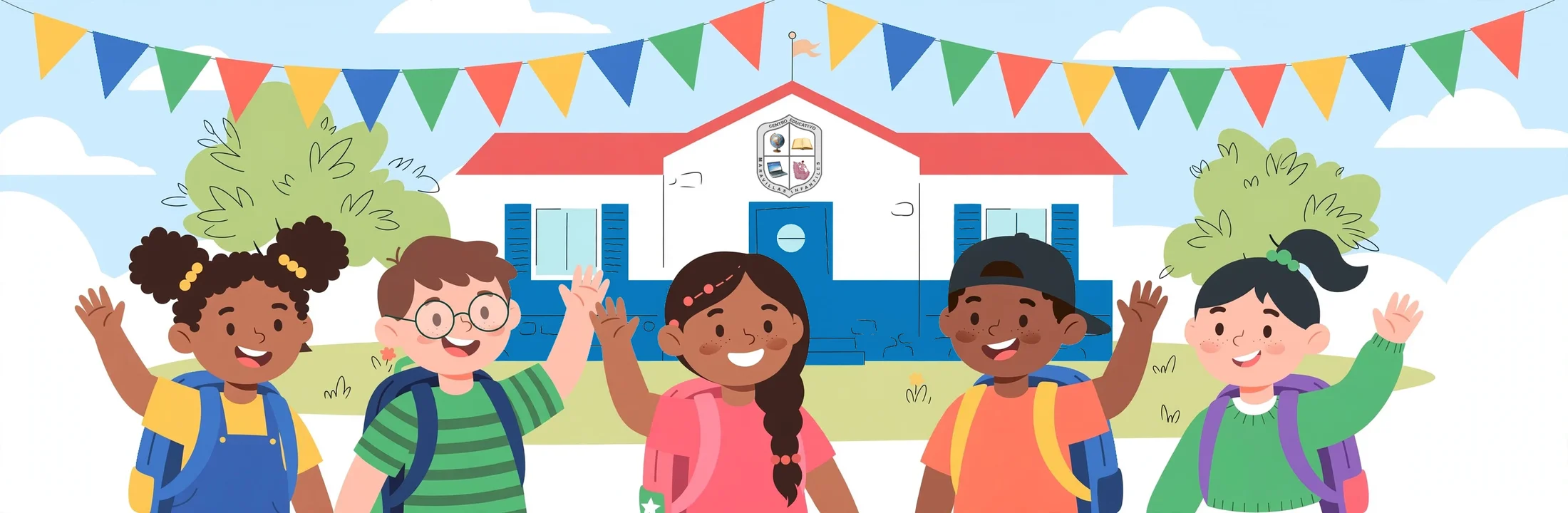 Ilustración de niños felices con sus morrales saludando frente a su colegio