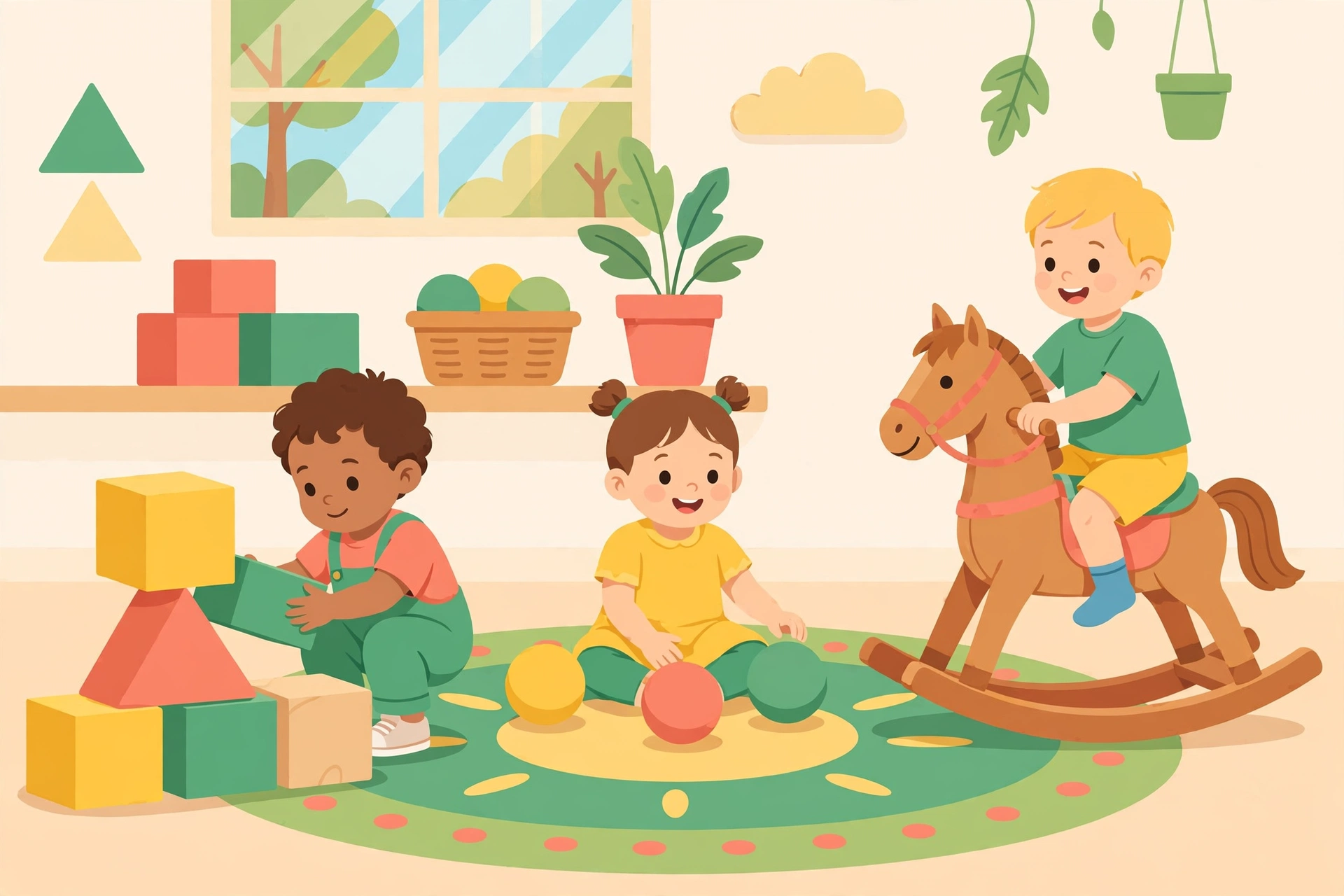 Ilustración de niños de preescolar jugando con bloques y un caballito de madera en su salón