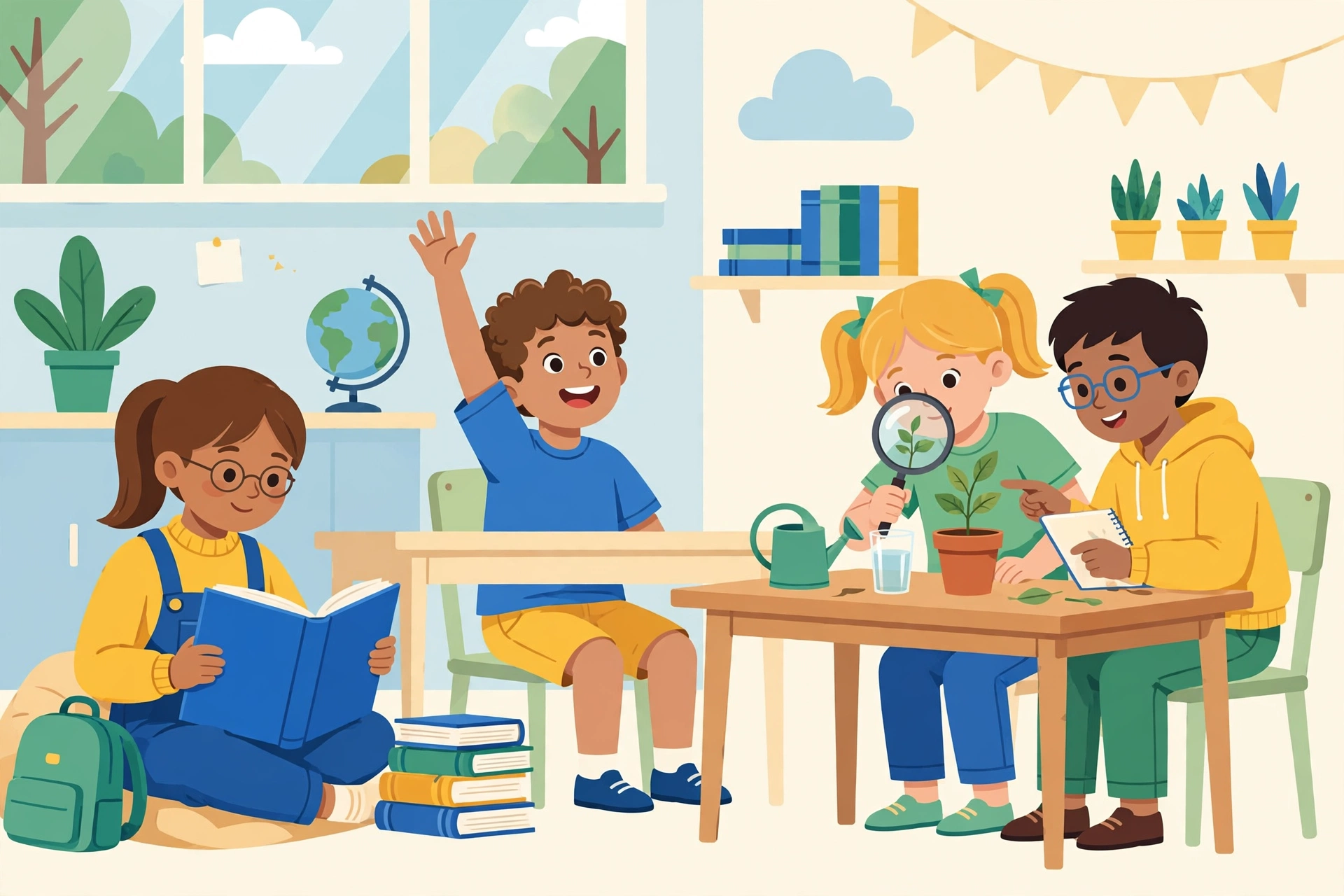 Ilustración de niños de primaria leyendo, levantando la mano y haciendo un experimento de ciencias